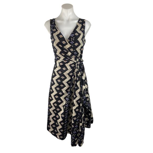 Mango Multicolor Black Aztec Print Sleeveless V-neck Fit & Flare Wrap Dress Sz 6 - Picture 4 of 7